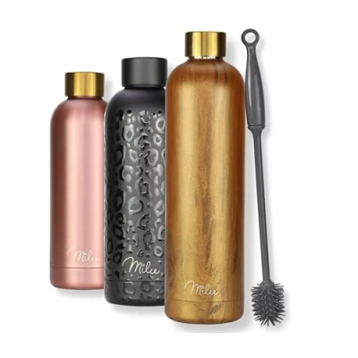 Image of Milu Stainless Steel Water Bottle 500ml 750ml 1L Vaccum Insulated Large Drink Flask Bottles Leakproof Keep Drinks Hot Cold for Bike Camping Sports Gym incl. Cleaning Brush (Wood, 1000ml)