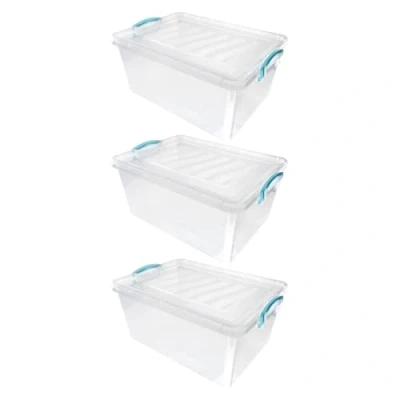 Image of JVL Plastic Clip Lidded Storage Box, Stackable &amp; Nestable, Clear, Set of 3, 25L