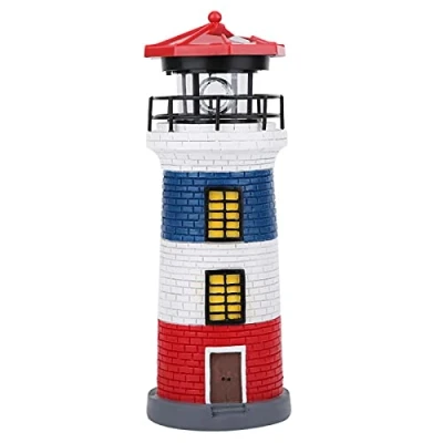 Image of Solar Lighthouse, Led Power Lighthouse Statue Rotating Outdoor Light Beacon Garden Yard Lawn Craft Ornament Decorative Decor, (Red Blue White)