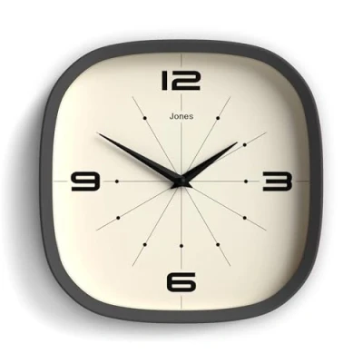 Image of Jones Clocks® Pulsar wall clock Retro rounded square 25cm Dark grey Cool designer look for kitchen, living room or office