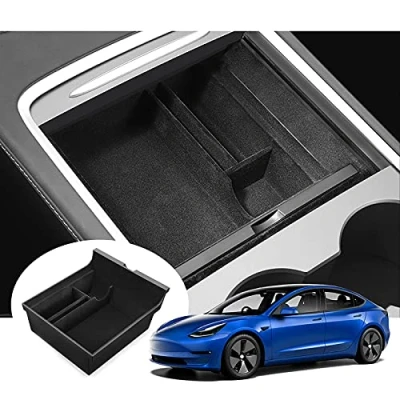 Image of GAFAT Tesla Model Y 2020 2024/ 3 2021 2023 Car Armrest Tray, Center Console Organizer, hidden Storage Box Container with Coin and Sunglass Holder [Not for 2024+] (Black2)