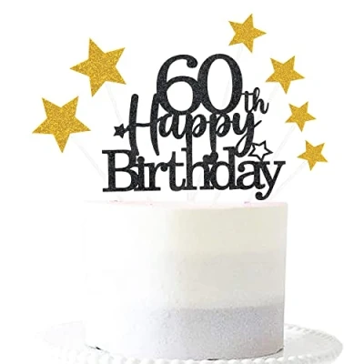 Image of Glittery 60th Happy Birthday Cake Topper with Star,60 Toppers Party Decorations Supplies for Men Women Black Gold