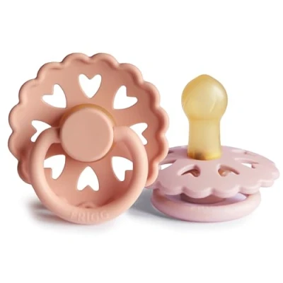 Image of FRIGG Fairytale Latex Pacifier Pack of 2 Natural Rubber Soother Dummy BPA Free Made in Denmark Symmetrical Cherry Shaped Nipple (Pretty Peach/Primrose, Size 1 (0 6 Months))