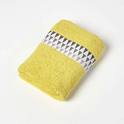 Image of HOMESCAPES Geometric Pattern Ochre Hand Towel 100% Cotton Super Absorbent &amp; Soft Small Yellow Guest with Retro Design