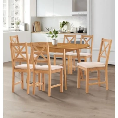 Image of Hallowood Furniture Aston Extending Dining Table and Chairs Set 6, Butterfly in Beige Fabric Seat, Wooden Kitchen Chairs, Room for Home Cafe