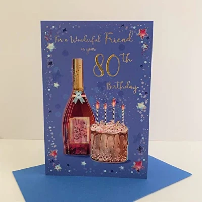 Image of ICG Male Wonderful Friend 80th Age 80 Birthday Card Red Wine Bottle Cake Stars