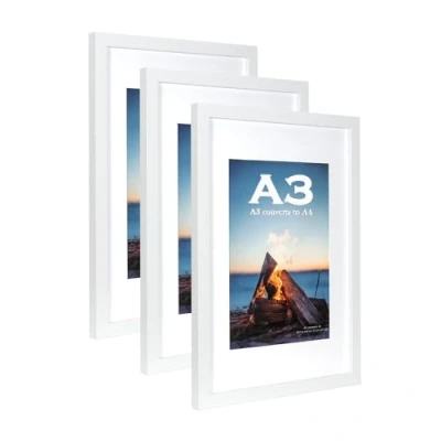 Image of White Wooden Picture Frame A3 with Mat,Set of 3, Mount for A4 or Certificate,Wall Mountable