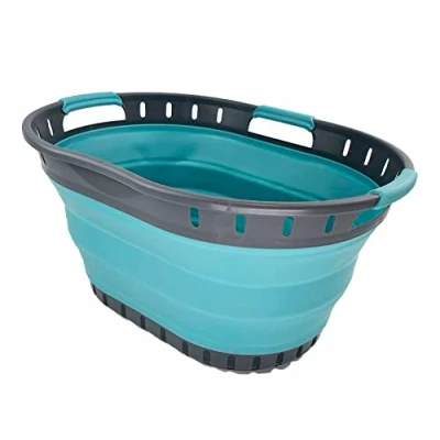 Image of SAMMART 25L Collapsible Plastic Laundry Basket Foldable Pop Up Storage Container/Organizer Portable Washing Tub Space Saving Hamper/Basket (Grey/Crystal Blue)