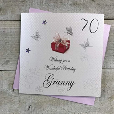 Image of WHITE COTTON CARDS 70 Wishing you a Wonderful Granny Handmade 70th Birthday Card, White, bdp70 Granny,16cm x 16cm