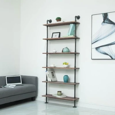 Image of WGX Design for You Industrial Pipe Shelves Rustic Wood Ladder Bookshelf Wall Mounted Shelf Living Room Decor and Storage (32in, 6 Layers)