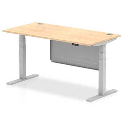 Image of Air 1600x800 Height Adjustable Desk Maple CP Silver Leg Modesty Panel