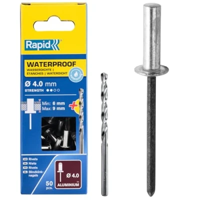 Image of Rapid Rivets Waterproof Including Drill Piece, 4 x 12 mm, 5000400 50 Pieces, Silver/ Blue/ Clear