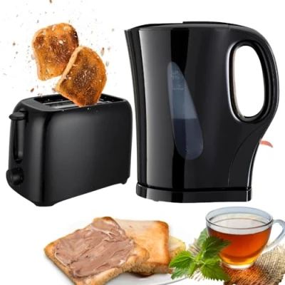 Image of Trendi® Electric Kettle &amp; 2 Slice Bread Toaster Kitchen Combo Set 2200W 1.7L Cordless Jug Boil Dry Protection Auto Shut Off 650W 6 Level with Browning Control Crumb Tray (Black)