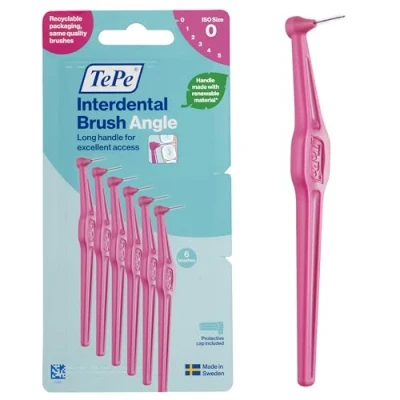 Image of TePe Interdental Brush Angle, Pink, 0.4mm/ISO 0, 6pcs, Interspace Cleaning, Plaque Remover for Teeth with Narrow Gaps, ensures Strong Gums, Carton Pack