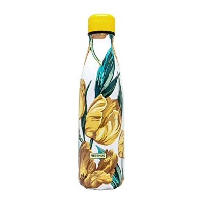 Image of NERTHUS FIH 777 Double Wall Thermal Bottle Large Flowers Design Yellow 500 ml, Stainless Steel, BPA Free, 18/8, Lemon Tree