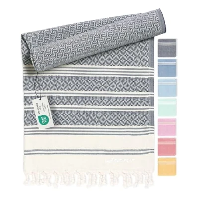 Image of Fit Flip hammam towel beach XXL made from 100% recycled cotton Quick drying Turkish towels, fouta, pestemal towels ideal as a blanket Navy 100x200cm Diamond