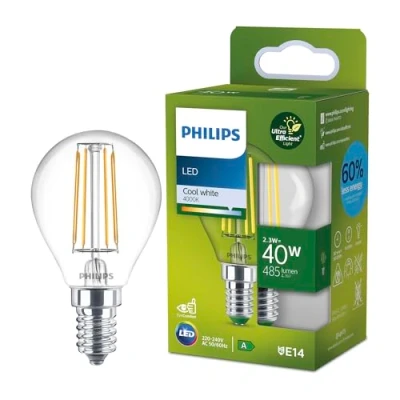Image of Philips LED Light Bulb Classic, UltraEfficient, 40 W, 485 Lumen, P45, E14 4000 K, Clear Glass