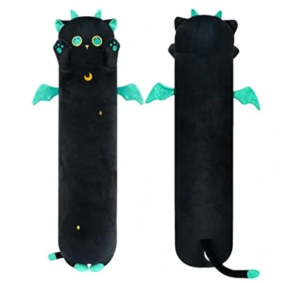 Image of Mewaii 36in Long Cat Plush Pillows Stuffed Animals Squishy Plushie Cute Big Green Eyes Sleeping Hugging Pillow Soft Toys for Kids(Black)