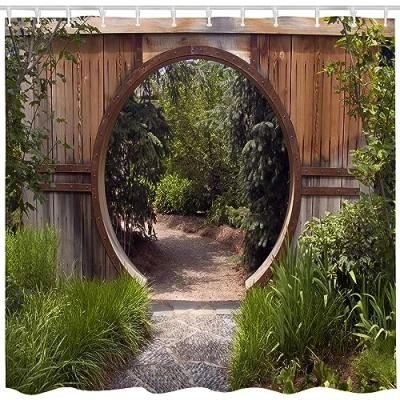 Image of JOOCAR Japanese Shower Curtain Authentic Circle Rustic Doorway Gate Opening to National Park Sublime Habitat Bath Green Brown Waterproof Curtains for Bathroom Decor 66x72 Inch