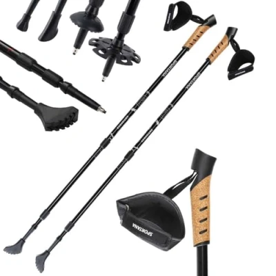 Image of SPORTANA® Telescopic Trekking Pole 5 Attachments Hiking Gear Multi Surface Cork Handles Anti Shock Suspension Nordic Hill Walking Stick Grey