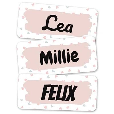 Image of melu kids® Name Labels for Clothes &amp; Items (50 Pieces) Personalised and Washable Kids Stickers, Stick on Tags (Hearts)
