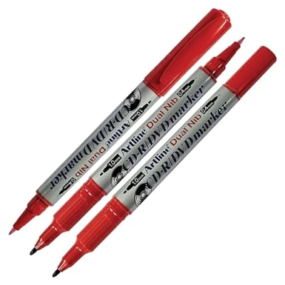 Image of artline Dual Nib Permanent Marker Pens, RED, Pack of 3, Fine Point (0.4mm) + Medium (1.0mm), CD DVD Markers, Waterproof Ink, Quick Dry, Writes Most Surfaces