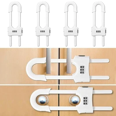 Image of 4 Packs U Shaped Sliding Cabinet Locks, Baby Proofing Cabinets with Adjustable Child Safety Lock, Childproof Latches for Knobs, Handles on Kitchen Doors and Home Drawers Closet White