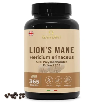 Image of Bandini® Lions Mane Mushroom 2000mg 365 High Strength Vegan Tablets 1 Year Supply Hericium Erinaceus 25:1 Extract with Black Pepper 50% Polyphenols Lion&#039;s Alternative to Powder &amp; Capsules