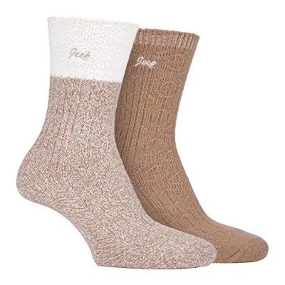 Image of Jeep 2 Pairs Ladies Supersoft Cute Warm Ribbed Thick Hiking Boot Socks (4 8, Cream/Tan)