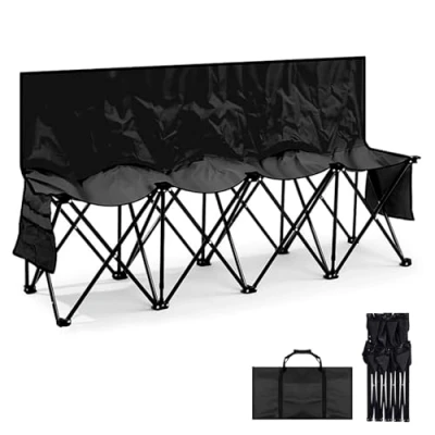 Image of PJDDP Portable Folding Bench 4 Seater, Collapsible Soccer with Carry Bag &amp; Backrest, Steel Frame Spectator Chair Sideline for Bleachers,Camping,Garden,Picnic,Party