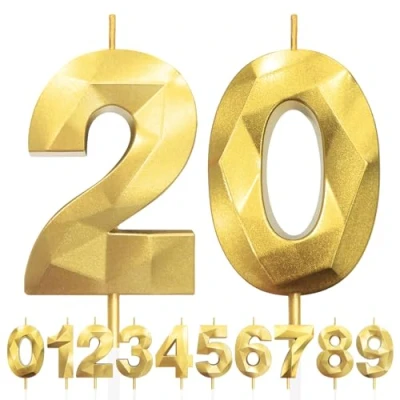 Image of 20th Birthday Candles, Number 20 Candle, Gold Candles for Cake, Diamond 3D Happy Cake Candle Decorations Party Wedding Anniversary Celebration Supplies