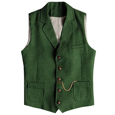 Image of AeoTeokey Men&#039;s Western Herringbone Tweed Suit Vest Wool Slim Fit Waistcoat (Green,4XL)