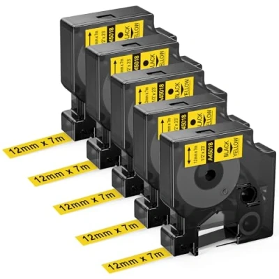 Image of Upwinning D1 45018 Compatible Dymo 12mm x 7M Label Tape Yellow A45018, Refills for Black on Maker 160 210D 260P 280 360D 420P PnP, 5 Pack
