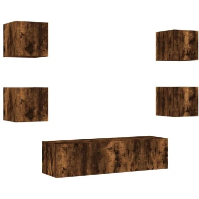 Image of vidaXL 6 Piece TV Wall Units with LED Smoked Oak Engineered Wood