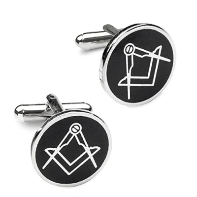 Image of The Masonic Collection Black Round Square and Compass Cufflinks Silver Plated A Useful Gift Accessory for Freemason Men Comes in Velvet Pouch/Gift Box