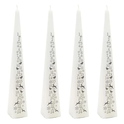 Image of Pack Of 4 Large Traditional Countdown To Christmas Pyramid Advent Candle White &amp; Silver With Numbers Festive