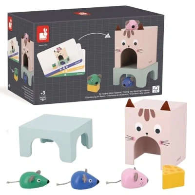 Image of Janod Pédagogie Range Finding Your Bearings in Space Cat and Mouse 6 Wood Accessories + 12 Cards Children’s Educational Toy 36 Months +, J05078, Multicolor