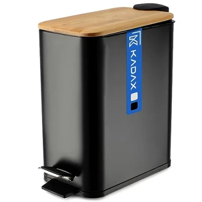 Image of KADAX Toilet Bin, Powder Coated Steel Kitchen Waste Bin with Bamboo Lid, Small Bathroom Trash Can Foot Pedal and Internal Bucket (5L, Black, Rectangular)
