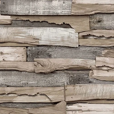 Image of Grandeco Malay Premium Quality Vinyl Wallpapers with Weathered Wood 53 cm x 10 m (Beige)