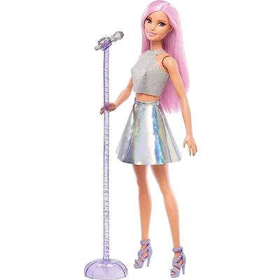 Image of Barbie You Can Be Anything Doll, Pop Star Doll with Long Pink Hair and Brown Eyes, Toy Microphone, Microphone Stand Accessories, Toys for Ages 3 Up, One FXN98
