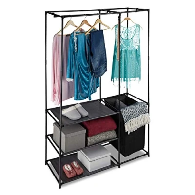 Image of Relaxdays Open Wardrobe, With Laundry Basket, Freestanding, Clothes Rail Shelves, HWD 180x115x50 cm, Black