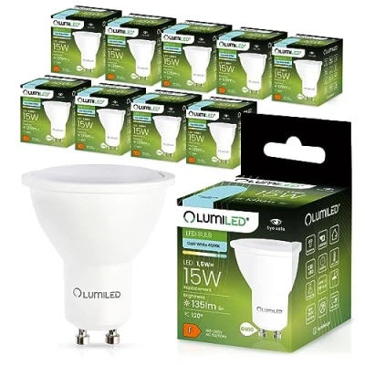 Image of LUMILED GU10 LED, 1.5 W, 150 Lumen, 6500 K, Cool White Bulb Spotlight, Replaces 15 W Halogen Bulbs, 120 Beam Angle Reflector Lamps, Pack of 10