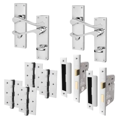 Image of EAI Polished Chrome Victorian Scroll Bathroom Door Handle Set 2 Pairs of Internal Lever Handles on Backplate with Hinges (76mm) &amp; Locks (64mm)