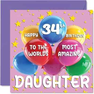 Image of 34th Daughter Birthday Card World&#039;s Most Amazing Happy for from Mum Dad, 145mm x Age 34 Thirty Four Greeting Cards