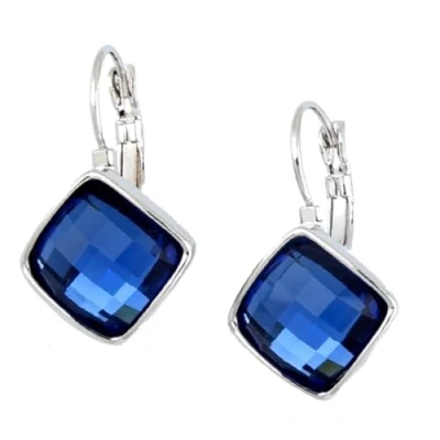 Image of Crystalline Azuria Women 18ct White Gold Plated Rhombus Square Blue Simulated Sapphire Crystals Lever back Dangle Earrings