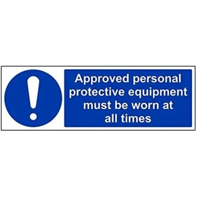 Image of VSafety Approved Personal Protective Equipment Must Be Worn At All Times PPE Sign Landscape 450mm x 150mm 1mm Rigid Plastic