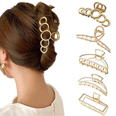 Image of 5 Pcs Hair Claw Clips Metal Large Strong Hold Anti Slip Gold For Thick Vintage Shark Clip Clamps Accessories Women (Metal C)