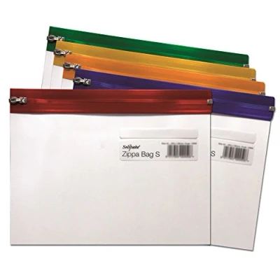 Image of Snopake A5 Zippa Bag ‘S’ Classic with Write On Label [Pack of 25] 255 x 190 mm Transparent/Assorted Zip Strips [Ref: 12722]