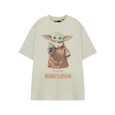 Image of Star Wars Mens Beige Short Sleeved Graphic Tee Grogu The Mandalorian White T Shirt Print Sci Fi Fan Apparel for Him Licensed Merchandise Men