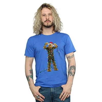 Image of Star Wars Men&#039;s Chewbacca Christmas Lights T Shirt Large Royal Blue